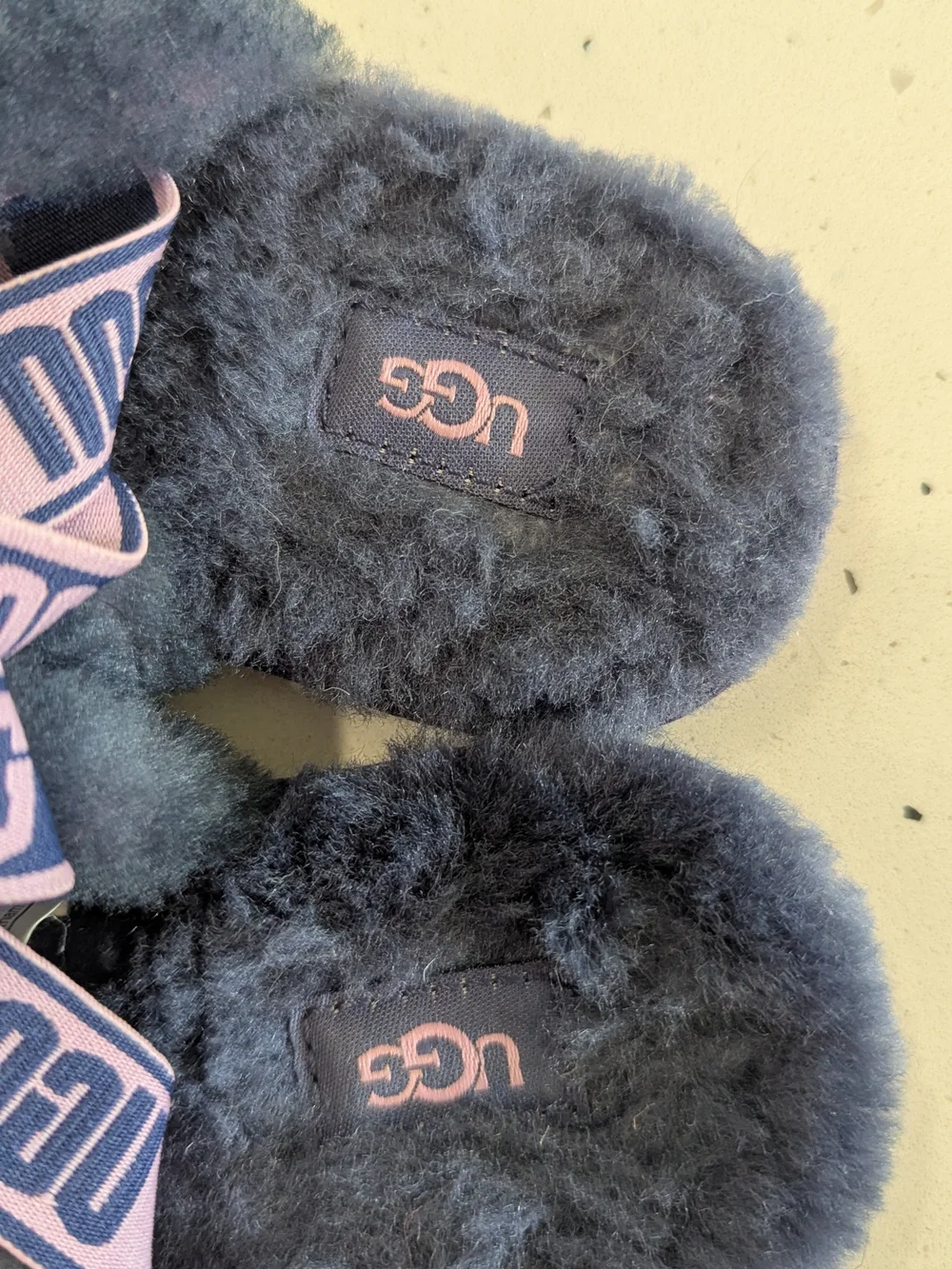 UGG Women's Pink and Gray Fluff Slide with Branded Strap